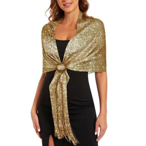 Gold Sparkling Metallic Shawls and Wraps with Buckle, for Evening Dresses  Party